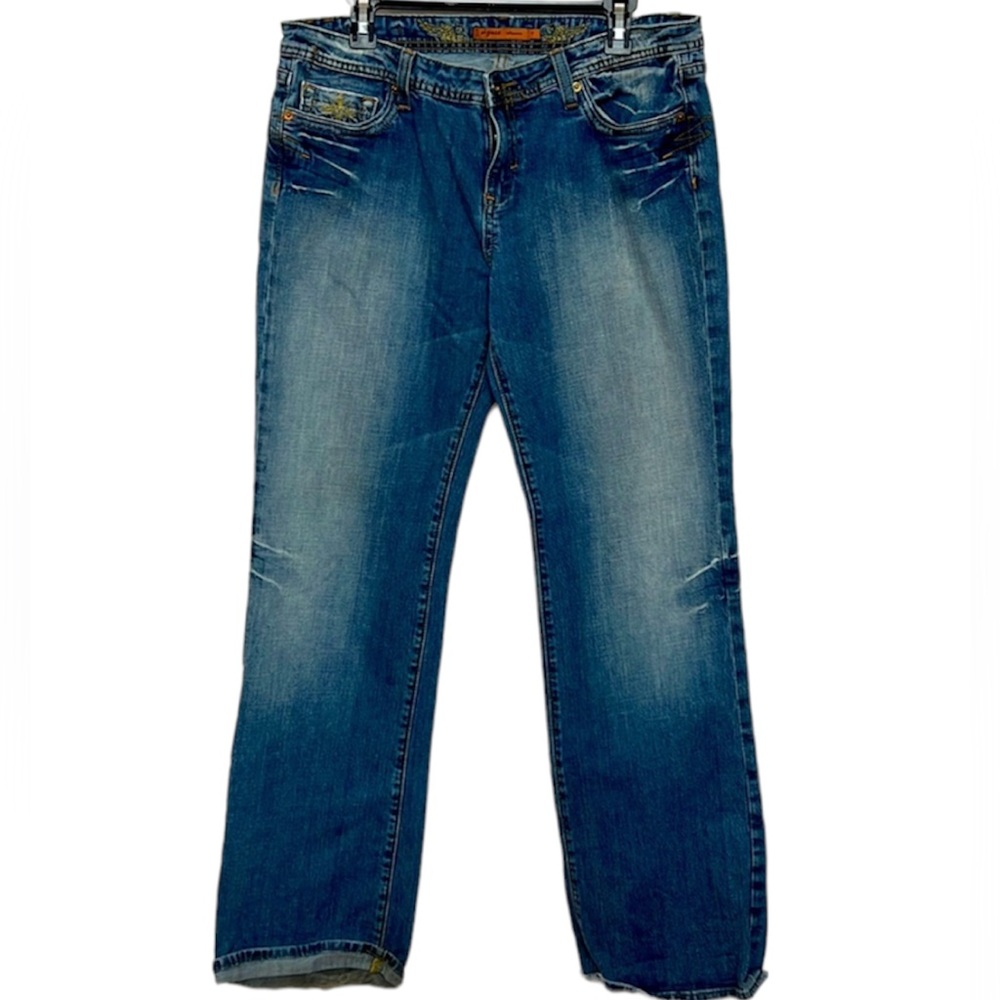 🌞Vigoss rare jeans blue distressed holes & bling pockets women size 17